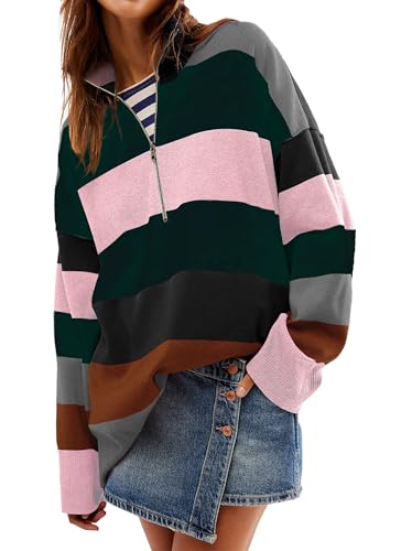 PANOZON Damen Pullover Sweater Color Block Langarm 1/2 Reißverschluss Herbst Winter Frauen Klamotten Locker Oberteile(Rosa Schwarz,L) von PANOZON