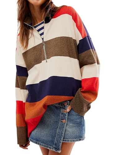 PANOZON Damen Pullover Sweater Color Block Langarm 1/2 Reißverschluss Herbst Winter Frauen Klamotten Locker Oberteile(Rot Weiß,S) von PANOZON