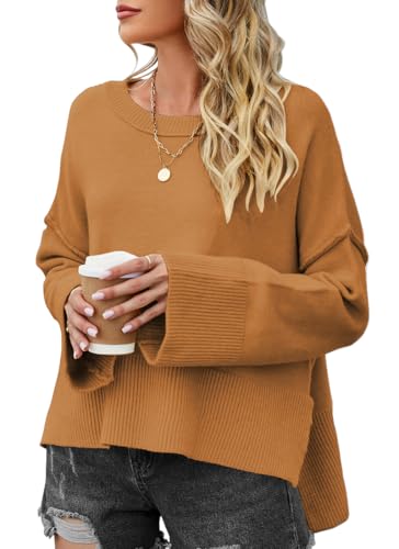 PANOZON Damen Pullover Sweater Lose Rundhals Pulli Winter Strickpullover Frauen Fledermaus Langarmshirt aus Strick Seitlichem Schlitz Oberteile(Braun,S) von PANOZON