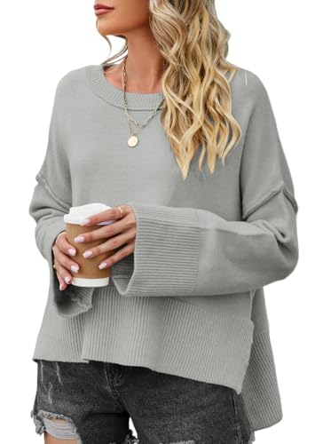 PANOZON Damen Pullover Sweater Lose Rundhals Pulli Winter Strickpullover Frauen Fledermaus Langarmshirt aus Strick Seitlichem Schlitz Oberteile(Grau,L) von PANOZON