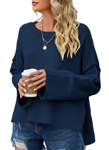 PANOZON Damen Pullover Sweater Lose Rundhals Pulli Winter Strickpullover Frauen Fledermaus Langarmshirt aus Strick Seitlichem Schlitz Oberteile(Marine Blau,S) von PANOZON