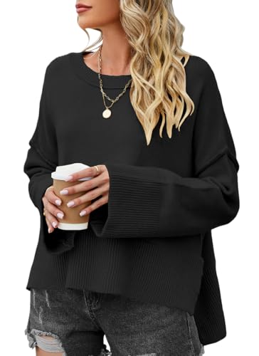 PANOZON Damen Pullover Sweater Lose Rundhals Pulli Winter Strickpullover Frauen Fledermaus Langarmshirt aus Strick Seitlichem Schlitz Oberteile(Schwarz,M) von PANOZON