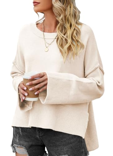 PANOZON Damen Pullover Sweater Lose Rundhals Pulli Winter Strickpullover Frauen Fledermaus Langarmshirt aus Strick Seitlichem Schlitz Oberteile(Weiß,XL) von PANOZON