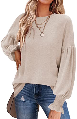 PANOZON Damen Solid Langarm T-Shirt Casual Pullover(Beige,M) von PANOZON