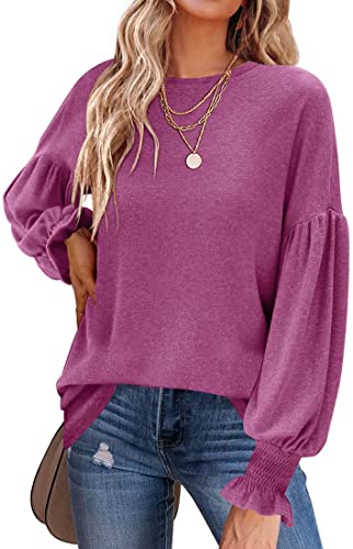 PANOZON Damen Solid Langarm T-Shirt Casual Pullover(Lila,2XL) von PANOZON