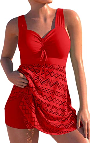 PANOZON Damen Spitze Tankini Beachwear Push Up Einfarbig Badeanzug Brazilian Plus Size Swimsuit Rot 2XL von PANOZON