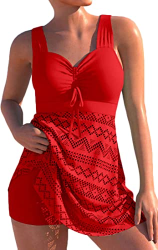 PANOZON Damen Spitze Tankini Beachwear Push Up Einfarbig Badeanzug Brazilian Plus Size Swimsuit Rot XL von PANOZON