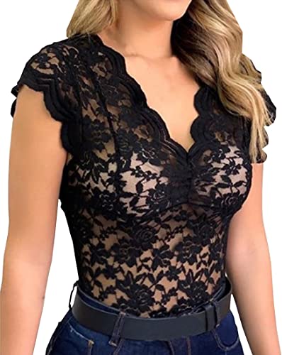 PANOZON Damen Spitzentop Sexy Spitze Cami Crop Top Sommer Lace Top ohne Ärmel(2XL,Schwarz) von PANOZON