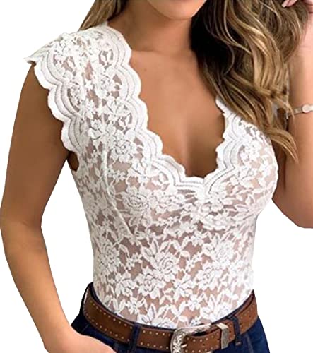 PANOZON Damen Spitzentop Sexy Spitze Cami Crop Top Sommer Lace Top ohne Ärmel(2XL,Weiss) von PANOZON