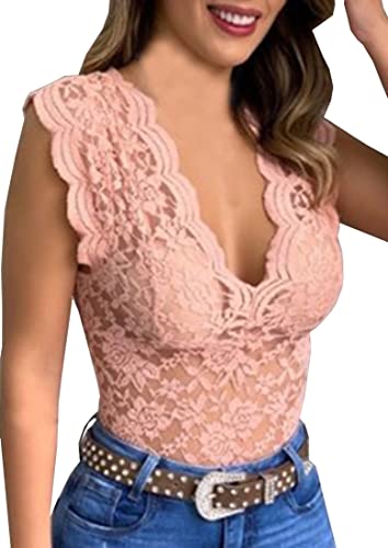 PANOZON Damen Spitzentop Sexy Spitze Cami Crop Top Sommer Lace Top ohne Ärmel(3XL,Rosa) von PANOZON