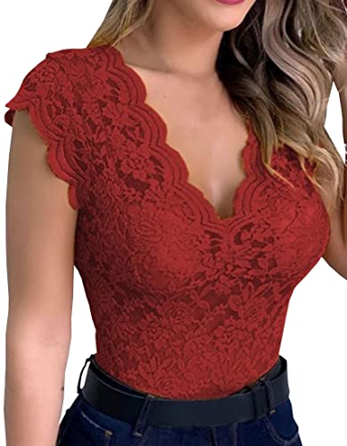 PANOZON Damen Spitzentop Sexy Spitze Cami Crop Top Sommer Lace Top ohne Ärmel(M,Rot) von PANOZON