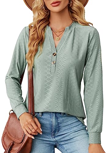 PANOZON Damen V-Ausschnitt Mit Knöpfen Langarmshirt Einfarbig Loose Top Basic Shirt Tunika Oberteile(Grün,L) von PANOZON