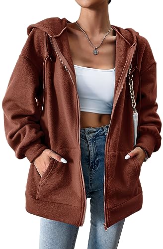 PANOZON Damen Zip Hoodie Langarm Kapuzenpulli Fleece Schüttelvlies Outwear Jacken Herbst Winter Sweatjacke mit Taschen Langarm Warm(Braun,S) von PANOZON