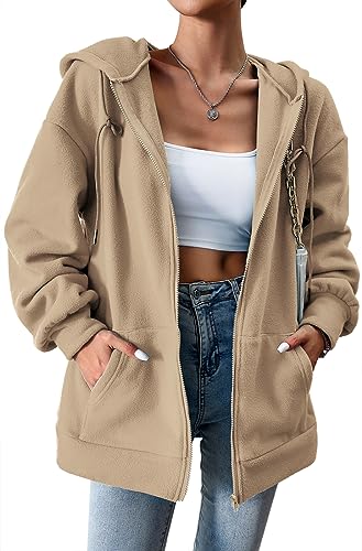 PANOZON Damen Zip Hoodie Langarm Kapuzenpulli Fleece Schüttelvlies Outwear Jacken Herbst Winter Sweatjacke mit Taschen Langarm Warm(Khaki,L) von PANOZON