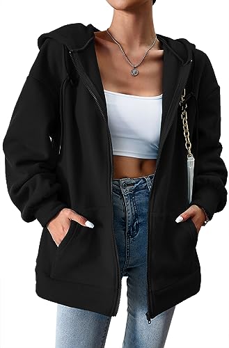 PANOZON Damen Zip Hoodie Langarm Kapuzenpulli Fleece Schüttelvlies Outwear Jacken Herbst Winter Sweatjacke mit Taschen Langarm Warm(Schwarz,L) von PANOZON