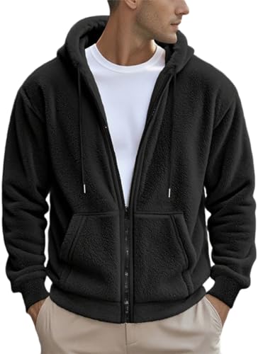 PANOZON Herren Fleece Kapuzenpullover Winter Hoodie Pullover Sweatshirt Fleecejacke Winterpullover mit Reißverschluss (Schwarz,L) von PANOZON