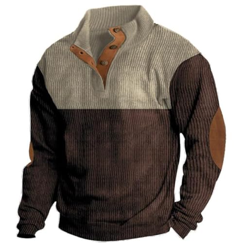 PANOZON Herren Sweatshirt Casual Pullover mit Stehkragen Knopfverschluss Dünn Azteken Langarmshirt(Braun Grau,2XL) von PANOZON