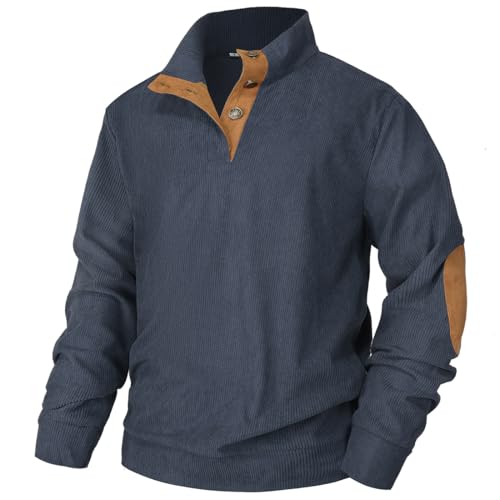 PANOZON Herren Sweatshirt Casual Pullover mit Stehkragen Knopfverschluss Dünn Azteken Langarmshirt(Marineblau,2XL) von PANOZON