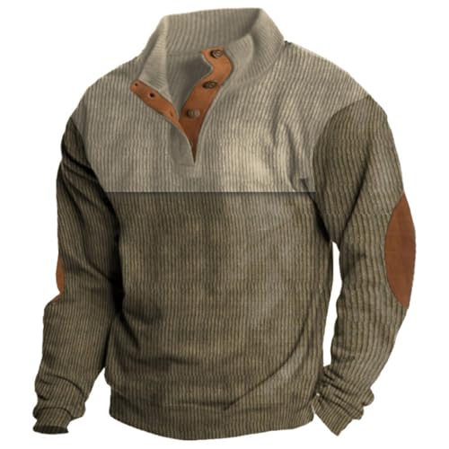 PANOZON Herren Sweatshirt Casual Pullover mit Stehkragen Knopfverschluss Dünn Azteken Langarmshirt(Olivgrün Grau,M) von PANOZON