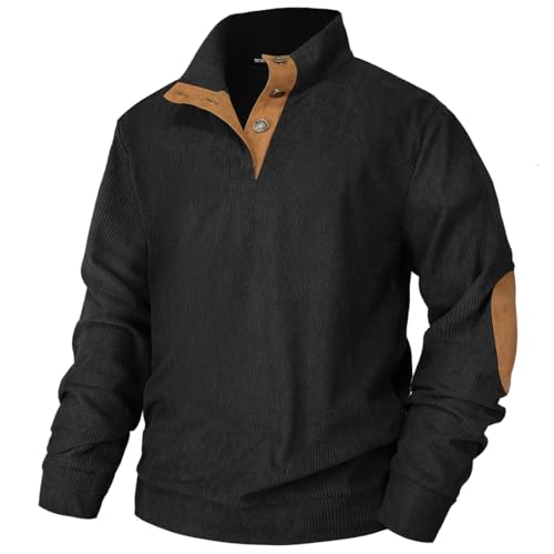 PANOZON Herren Sweatshirt Casual Pullover mit Stehkragen Knopfverschluss Dünn Azteken Langarmshirt(Schwarz,XL) von PANOZON
