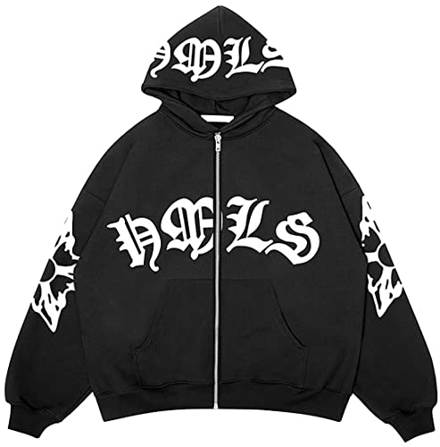 PANOZON Herren Herz Vintage Hoodie Y2K Oversize Zip Up Pullover Unisex Streetwear mit Blume Druck(Aschwarz,L) von PANOZON