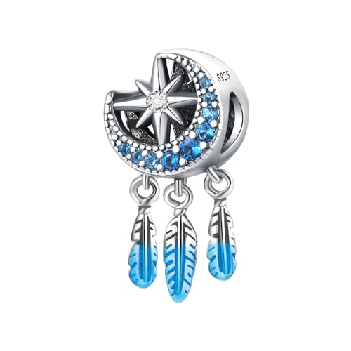 PANPOKI 925 Sterling Silber Charms Anhänger für Armband Charm Liebe ausdrücken Bead Charms Armband für Damen Pendant, Kompatibel mit Europäischen Armbändern (Stern und Mond blaue Feder) von PANPOKI
