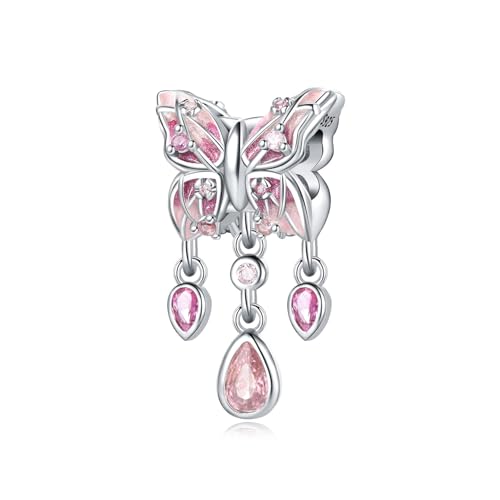 PANPOKI Beads Charms Anhänger 925 Sterling Silber Pendant für Europäische Armbänder und Halsketten Armband Anhänger & Beads für Damen (Rosa Edelstein Schmetterling) von PANPOKI
