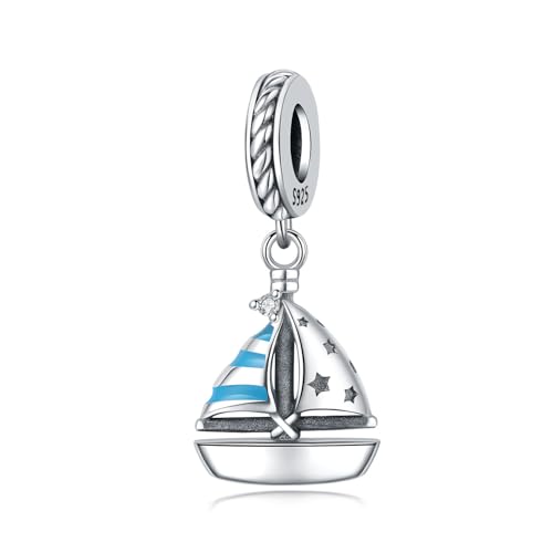 PANPOKI Charms Anhänger aus 925er Sterlingsilber, Bead Charm für Damen, kompatibel mit europäischen Armbändern und Halsketten (Blaues Segelboot) von PANPOKI