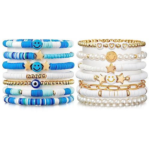 PANTIDE 14Stück Himmelblau und Weiß Preppy Heishi Armbänder Set Lächeln Perlenarmband Y2K Acryl-Ton Perlen-Armband Dehnbar Charme Freundschaftsarmband Schmuck Geburtstag Geschenk für Frauen Mädchen von PANTIDE