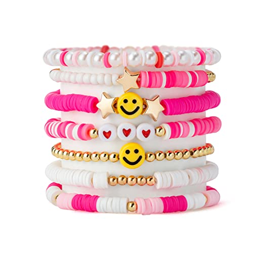 PANTIDE 7Stück Himmelblau Preppy Heishi Perlen Stretch Armband Lächeln Herz Stern Böses Auge Boho Armbänder mit Perlen Y2K Sommer Strand Bohème Charme Freundschaftsarmbänder Schmuck für Frauen Mädchen von PANTIDE