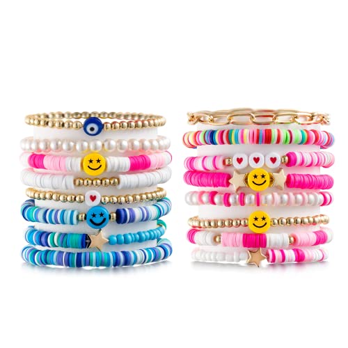 PANTIDE Preppy Heishi Armbänder Set für Teens Mädchen Bunte Weißgold Lächeln Herz Perlen stapelbar Charme Y2K Sommer böhmischen Schichtung Armbänder Schmuck Geburtstag Weihnachten Geschenk Zubehör von PANTIDE