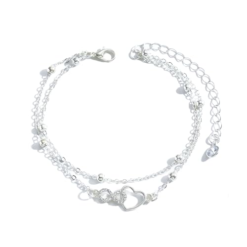 PANYI Fußkettchen Für Damen Women Bracelet Wasserdichtes Fußkettchen In Schichten Sterling Silber Herz Armband Silber Herz Armbänder Geeignet Als Valentinstag Muttertag Geburtstag Weihnachtsgeschenke von PANYI