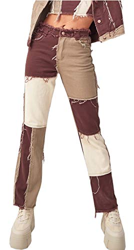 PAODIKUAI Damen Patchwork Jeans Raw Hem Denim Hose Slim Bootcut Jeans Hohe Taille Distressed Straight Denim Jeans, Khaki-gerades Bein., M von PAODIKUAI