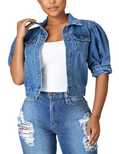 PAODIKUAI Damen Casual Puffärmel ausgefranste Slim Cropped Denim Jeans Jacke, Dunkelblau, M von PAODIKUAI