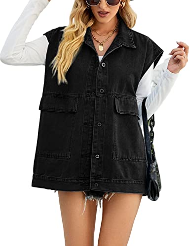 PAODIKUAI Damen Oversized Denim Weste Mid Long Jean Weste Ärmellose Jacken Distressed Weste Baumwolle, A-dunkel Schwarz, M von PAODIKUAI