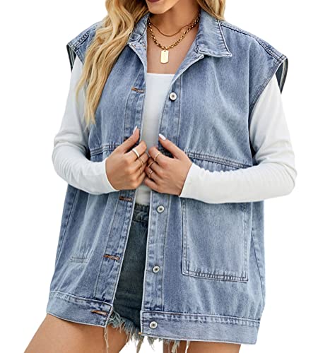 PAODIKUAI Damen Oversized Denim Weste Mid Long Jeans Weste Ärmellose Jacken Used-Look Weste Baumwolle, A-blau, M von PAODIKUAI