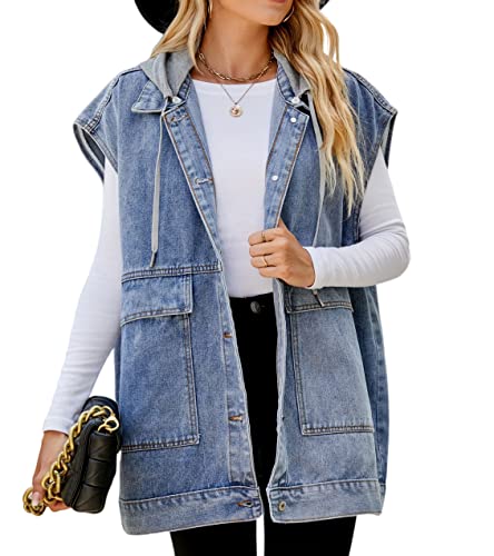 PAODIKUAI Damen Oversized Denim Weste Mid Long Jeans Weste Ärmellose Jacken Used-Look Weste Baumwolle, A-blau mit Kapuze, L von PAODIKUAI