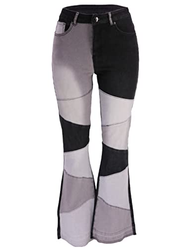 PAODIKUAI Damen Patchwork-Jeans, Glockenunterteil, Raw Hem Denim-Hose, Slim Bootcut Jeans, 1883-schwarz, Mittel von PAODIKUAI