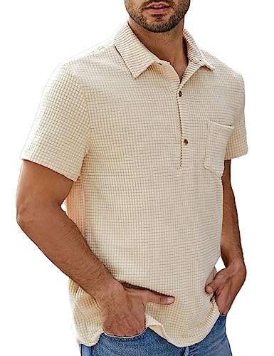 PAODIKUAI Herren Retro Kurzarm Cordhemd Casual Button Down Shirts, A-Polo-Aprikose, XX-Large von PAODIKUAI
