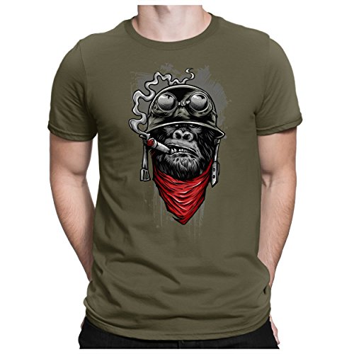 PAPAYANA - Ape of Duty - Herren Fun Print Baumwolle T-Shirt Bedruckt - Regular Fit - Soldat AFFE Zigarre - Oliv - Large von PAPAYANA