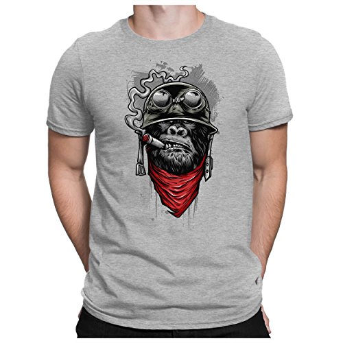 PAPAYANA - Ape of Duty - Herren Fun Print Baumwolle T-Shirt Bedruckt - Regular Fit - Soldat AFFE Zigarre - Grau Meliert - XXL von PAPAYANA