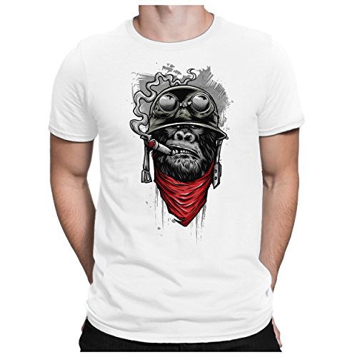 PAPAYANA - Ape of Duty - Herren Fun Print Baumwolle T-Shirt Bedruckt - Regular Fit - Soldat AFFE Zigarre - Weiß - XXL von PAPAYANA