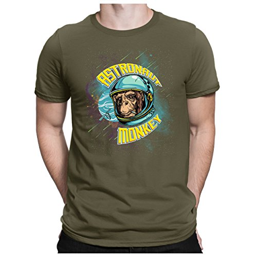 PAPAYANA - Astronaut Monkey - Herren Fun Print Baumwolle T-Shirt Bedruckt - Regular Fit - Weltraum Abenteuer - Oliv - XL von PAPAYANA