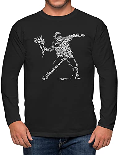 PAPAYANA - Banksy Flower - Herren Fun Langarm T-Shirt Bedruckt - Regular Fit - Riot Peace War Revolution - Schwarz - Large von PAPAYANA