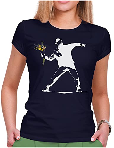 PAPAYANA - Banksy Flower Thrower - Damen Fun T-Shirt - Regular Fit - Streetart - Navy - Large von PAPAYANA