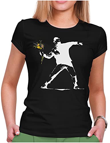 PAPAYANA - Banksy Flower Thrower - Damen Fun T-Shirt - Regular Fit - Streetart - Schwarz - Large von PAPAYANA