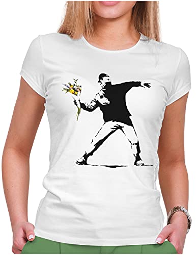 PAPAYANA - Banksy Flower Thrower - Damen Fun T-Shirt - Regular Fit - Streetart - Weiß - Large von PAPAYANA