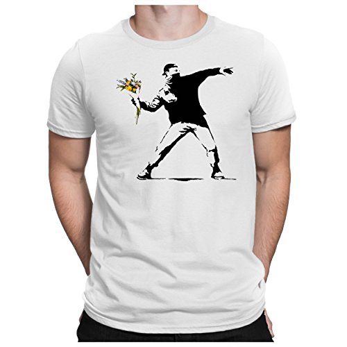 PAPAYANA – Banksy Flower Thrower – Herren Fun T-Shirt – Streetart Look – Regular Fit – Weiß - L von PAPAYANA