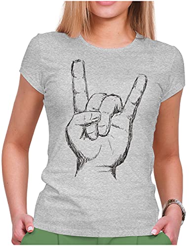PAPAYANA - Heavy Metal Hand - Damen Fun T-Shirt Bedruckt - Regular Fit - Music Band Punk Rock - Grau Meliert - XL von PAPAYANA