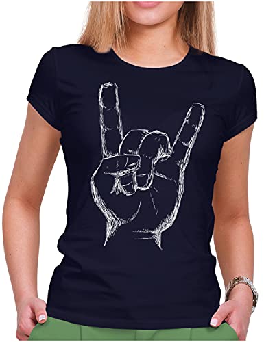 PAPAYANA - Heavy Metal Hand - Damen Fun T-Shirt Bedruckt - Regular Fit - Music Band Punk Rock - Navy - Small von PAPAYANA